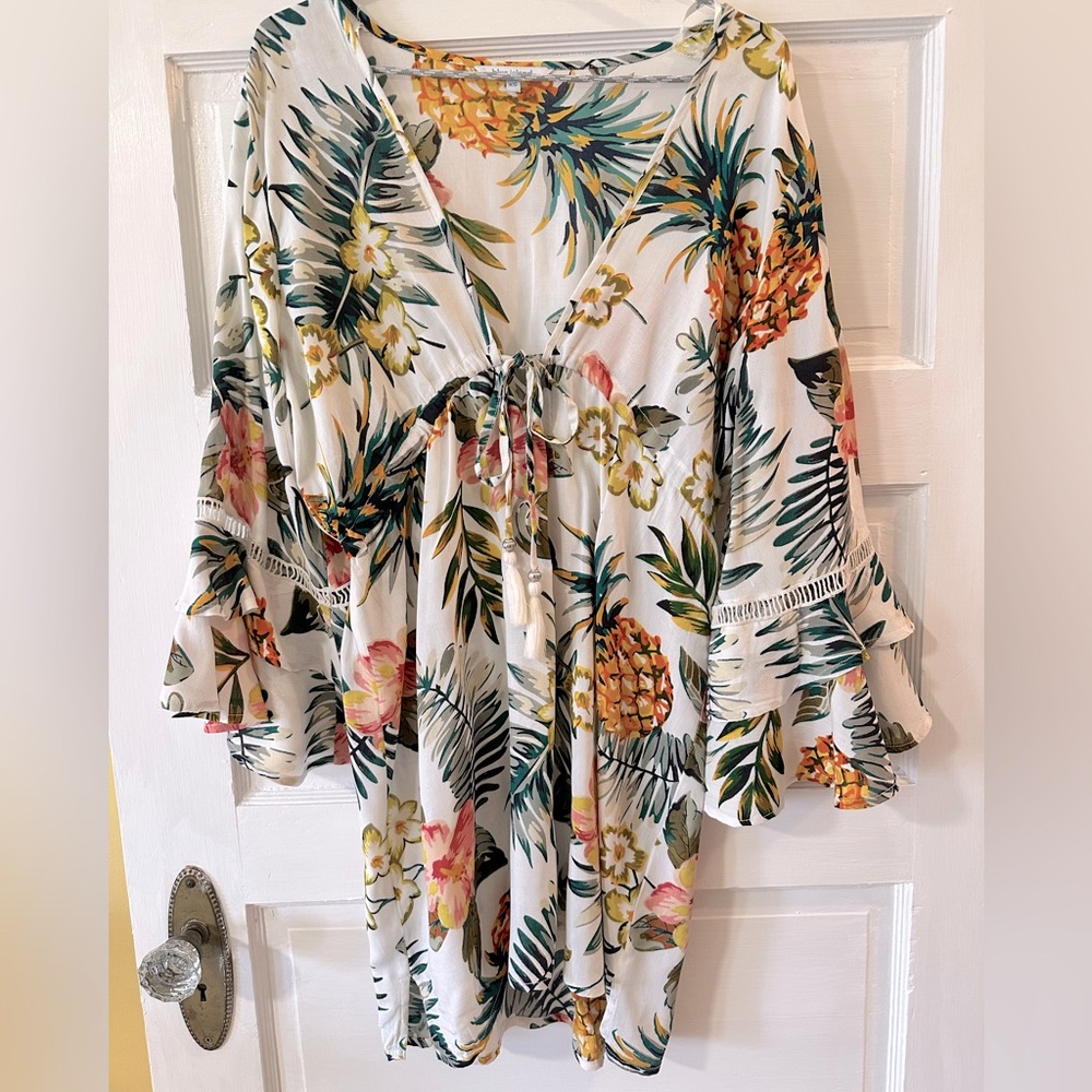 EUC Blue Island Tropical Floral Print Women's Beach Cover-up tassel tie front